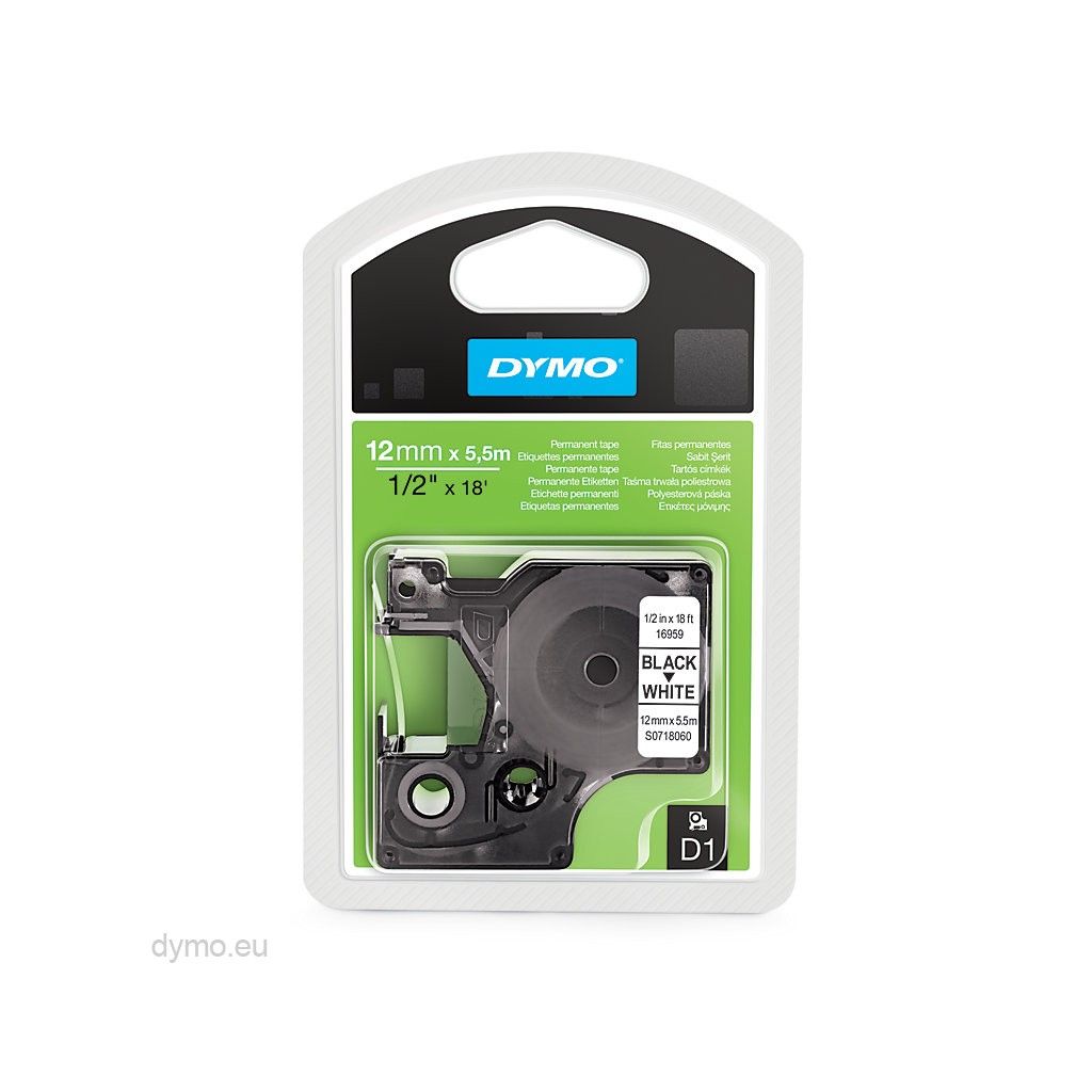 Dymo D1-tape 16959 12mm x 5,5m sort på hvid