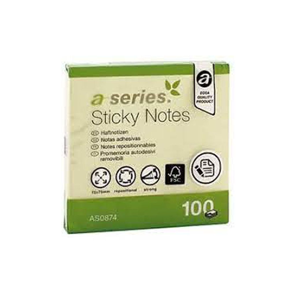A-series sticky notes 75x75mm 100 ark AS0874 gul 12 stk.