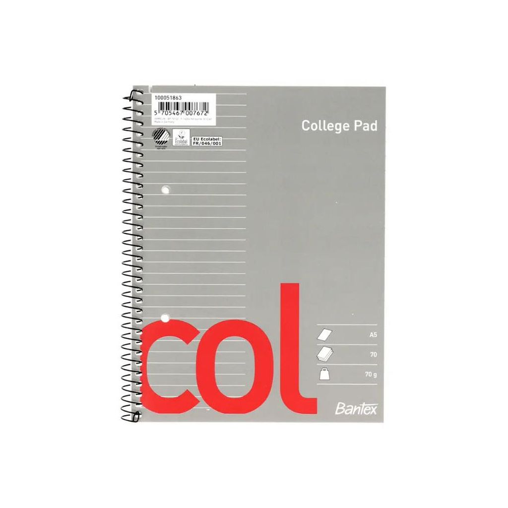 Bantex college col. A5 70g linieret med spiralryg 5 stk.