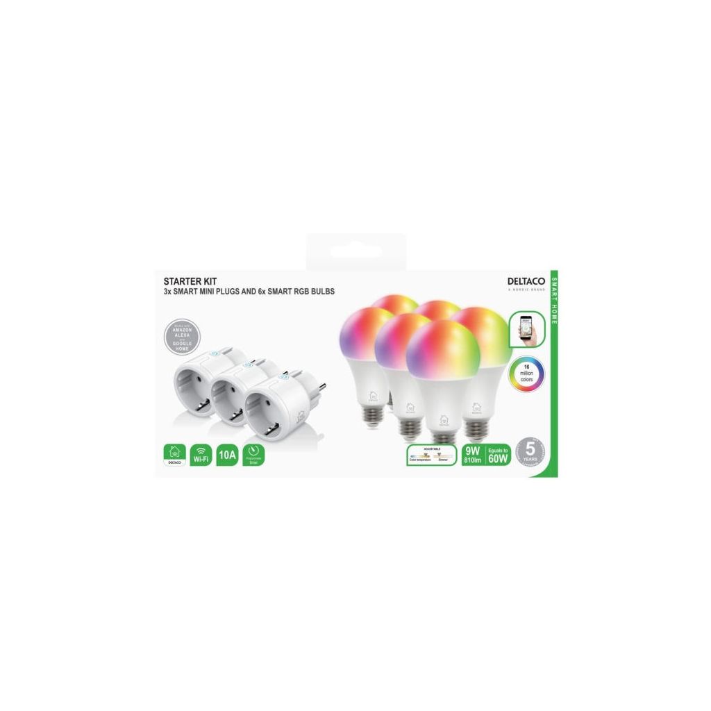 Deltaco smart home starter kit 3 stk smart mini plugs + 6 stk smart RGB bulbs 