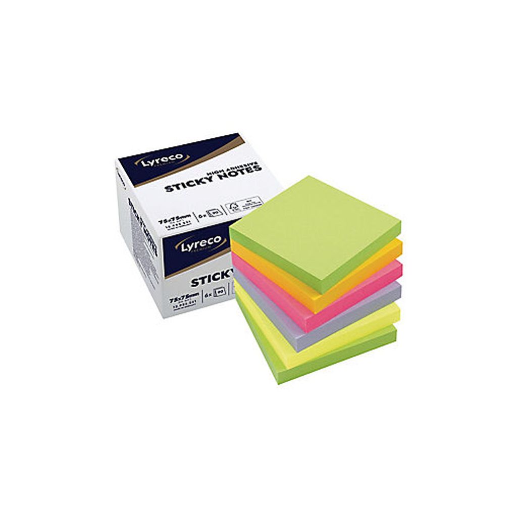 Lyreco premium high adhesive sticky notes 75x75mm 6x90 stk. mixfarvet