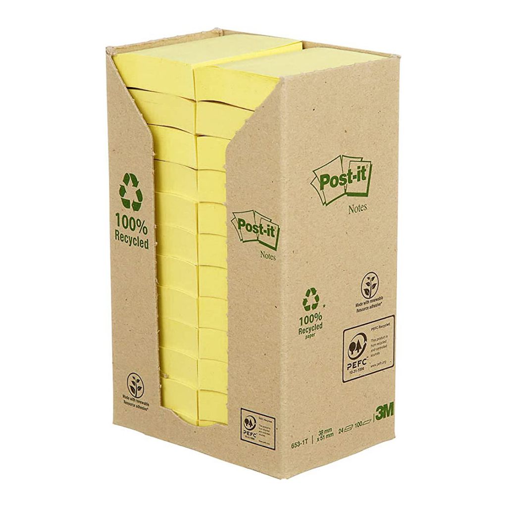 Post-it notes 3M 100% recycled paper 653-1T 38mm x 51mm 100 ark 24 stk.