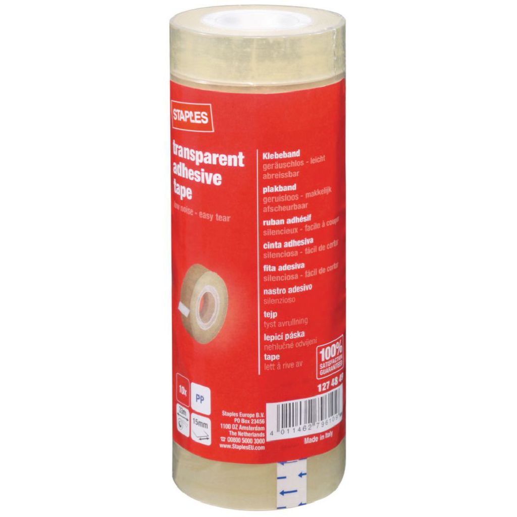 Staples transparent adhesive tape 15mm 33m 10 pack