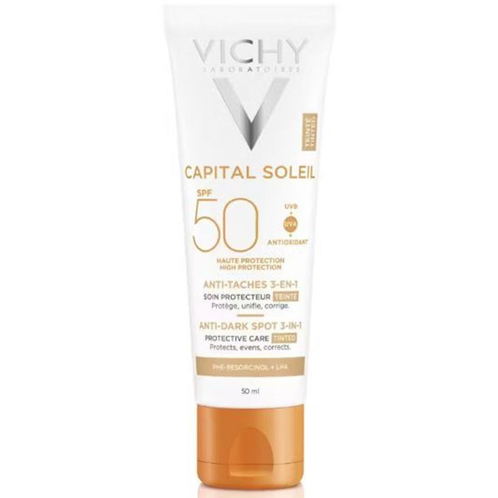 Vichy laboratoires capital soleil 3-in-1 anti-dark spot solcreme til ansigt SPF50 høj beskyttelse letfarvet 50ml